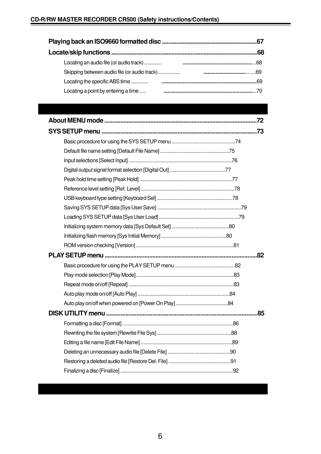 Fostex CR500 owner manual About Menu mode SYS Setup menu, Play Setup menu, Disk Utility menu 