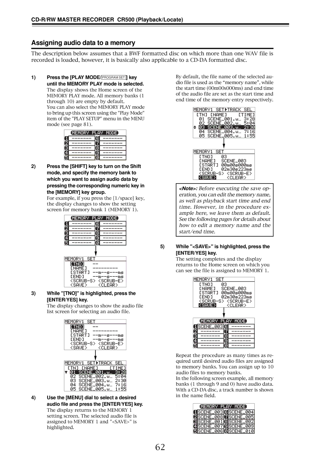 Fostex CR500 owner manual Assigning audio data to a memory, While TNO is highlighted, press the ENTER/YES key 