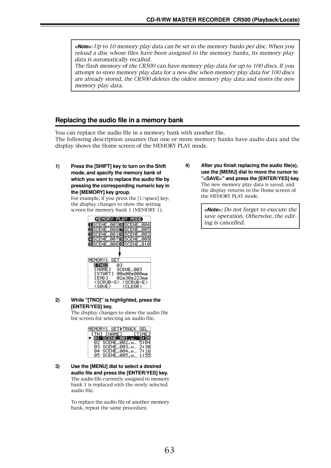 Fostex CR500 owner manual Replacing the audio file in a memory bank 