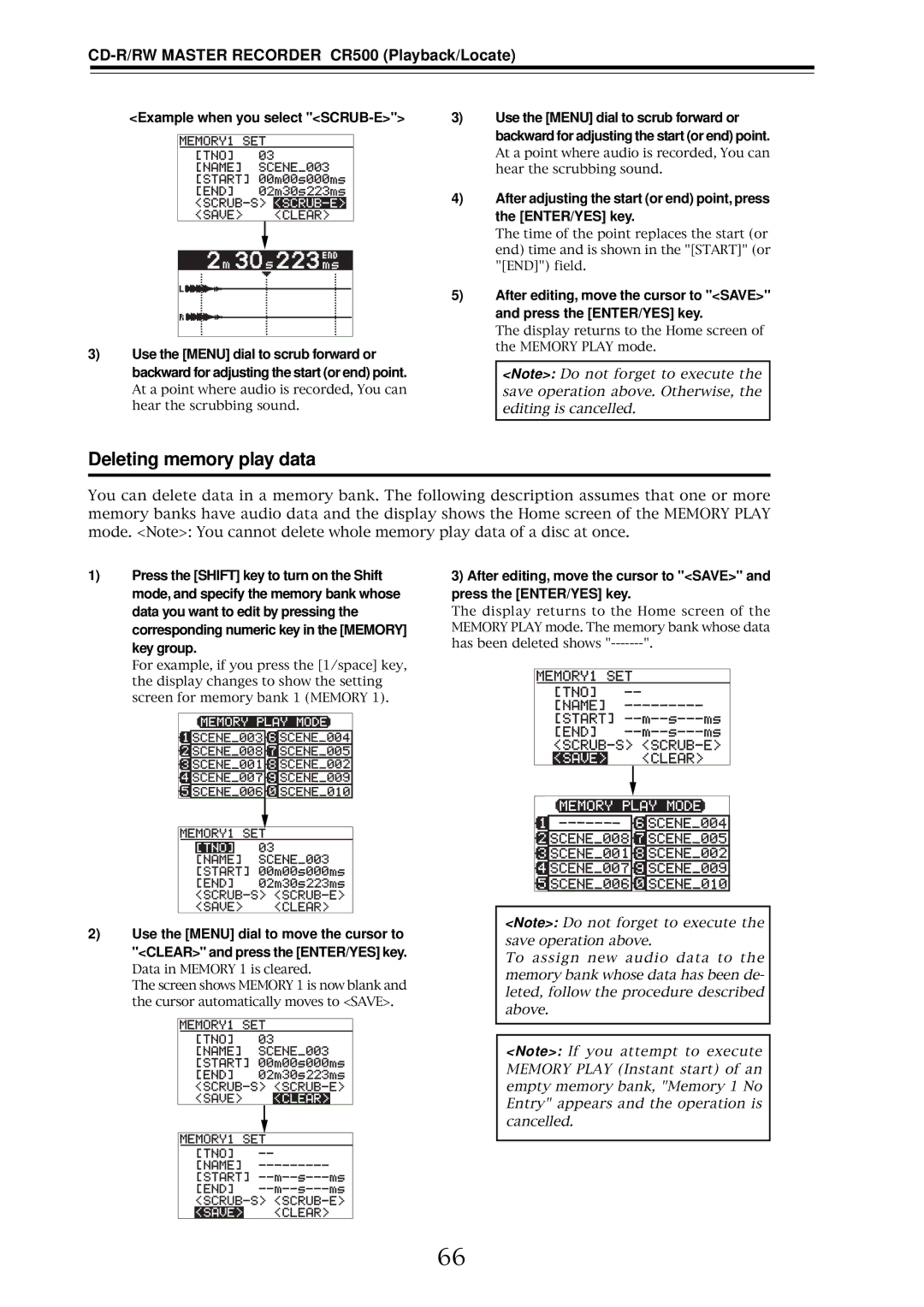 Fostex CR500 owner manual Deleting memory play data, Example when you select SCRUB-E 