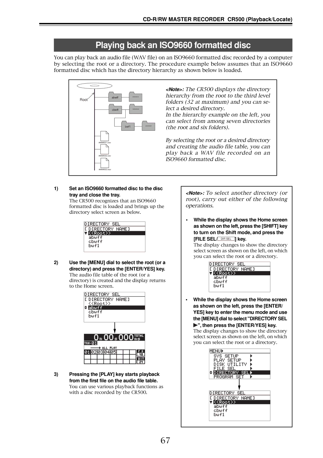 Fostex CR500 owner manual File SEL/ DIR SEL key, Then press the ENTER/YES key 