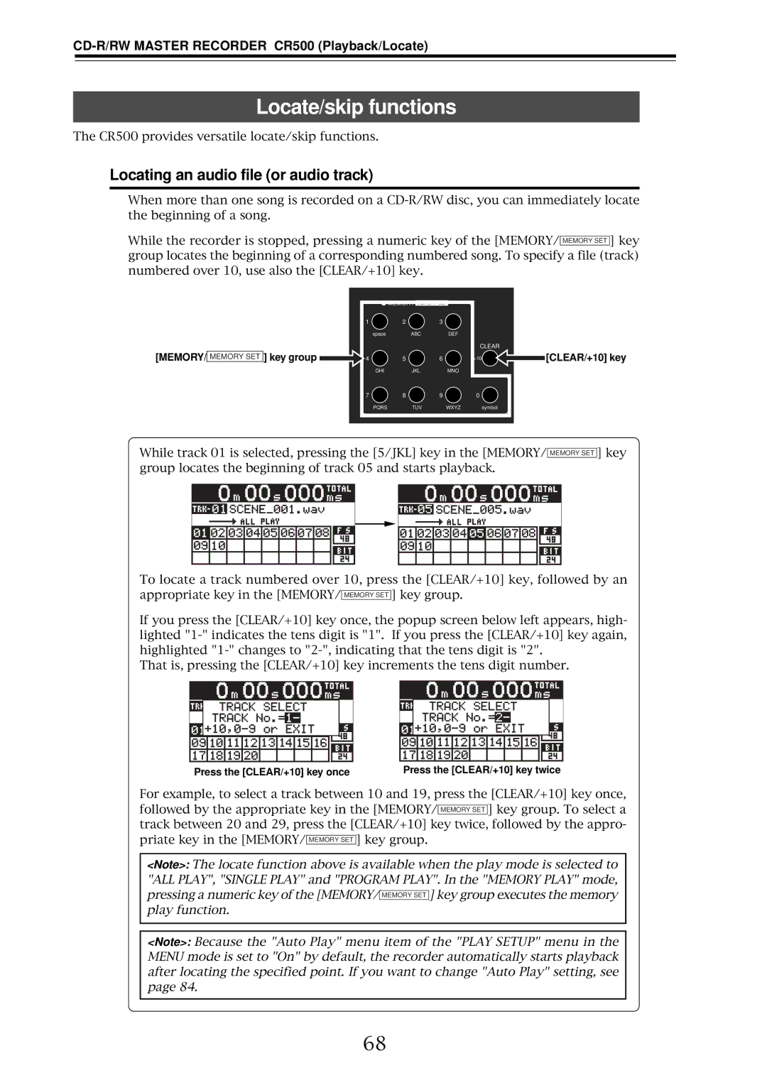 Fostex CR500 owner manual Locate/skip functions, Locating an audio file or audio track 