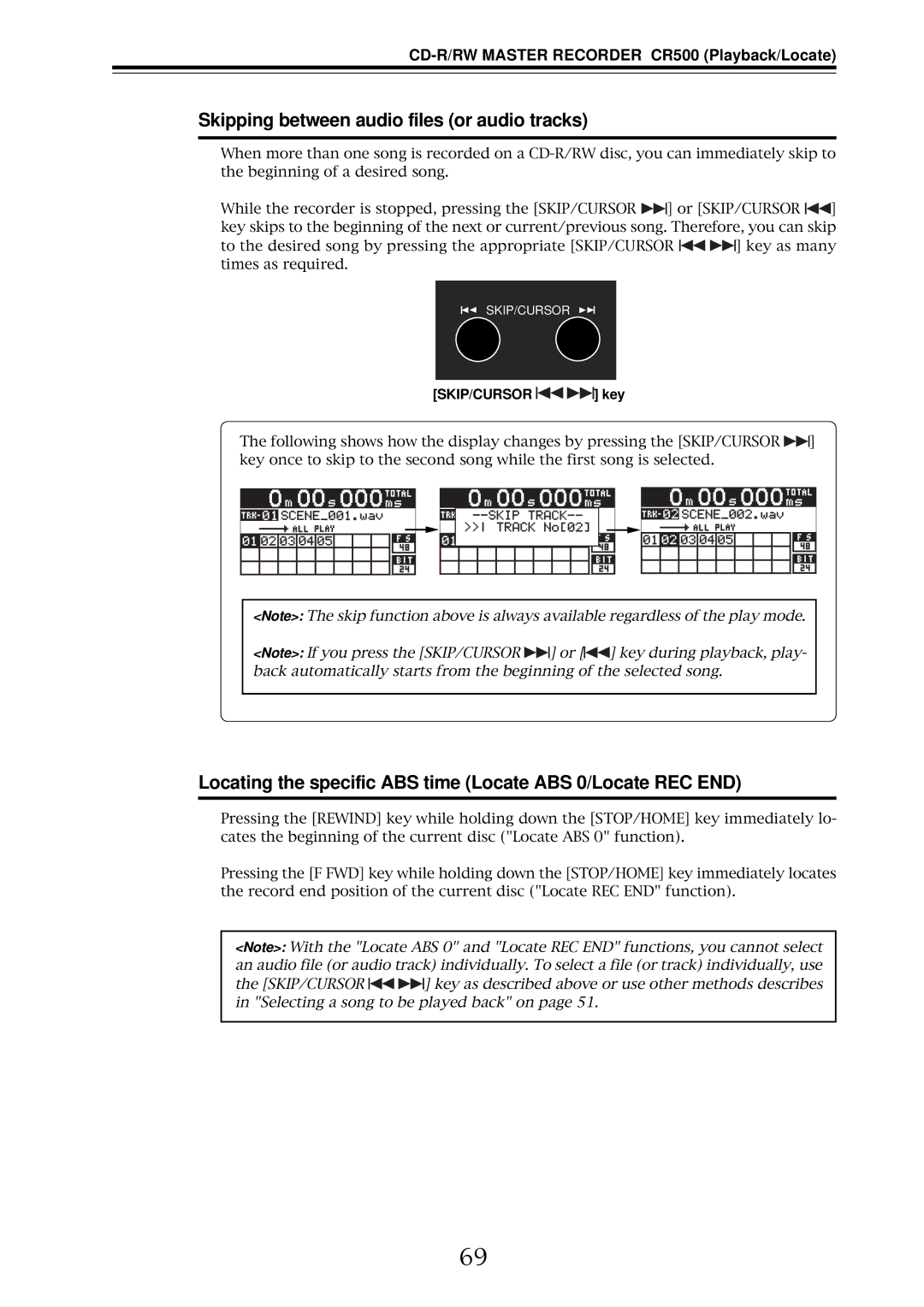 Fostex CR500 Skipping between audio files or audio tracks, Locating the specific ABS time Locate ABS 0/Locate REC END 