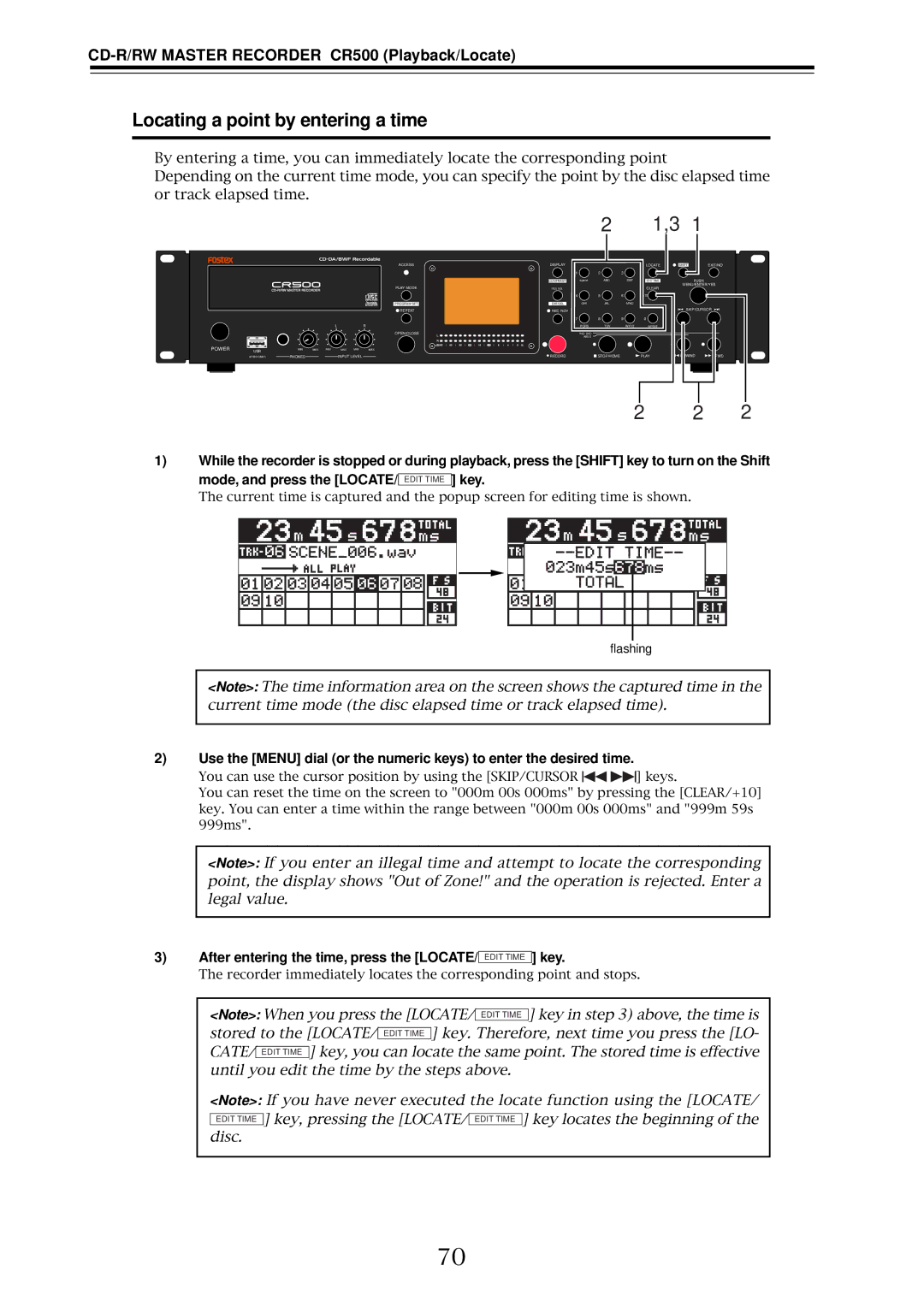 Fostex CR500 owner manual Locating a point by entering a time, Key, After entering the time, press the Locate 