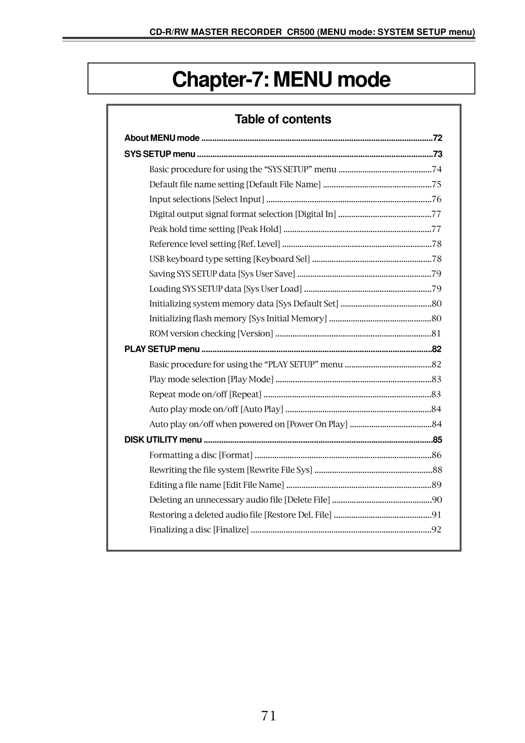 Fostex CD-R/RW Master Recorder CR500 Menu mode System Setup menu, About Menu mode SYS Setup menu, Play Setup menu 