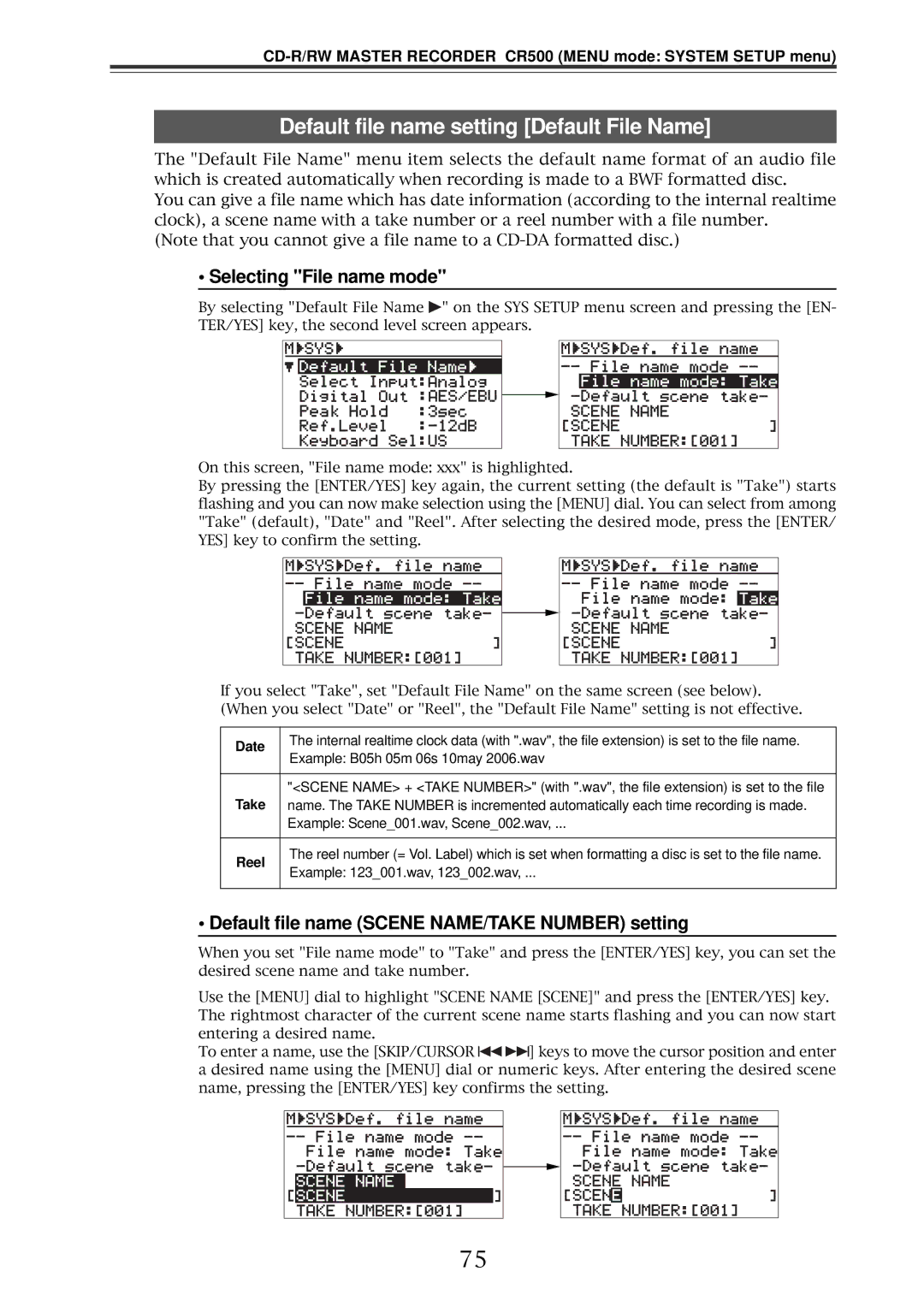 Fostex CR500 owner manual Default file name setting Default File Name, Selecting File name mode 