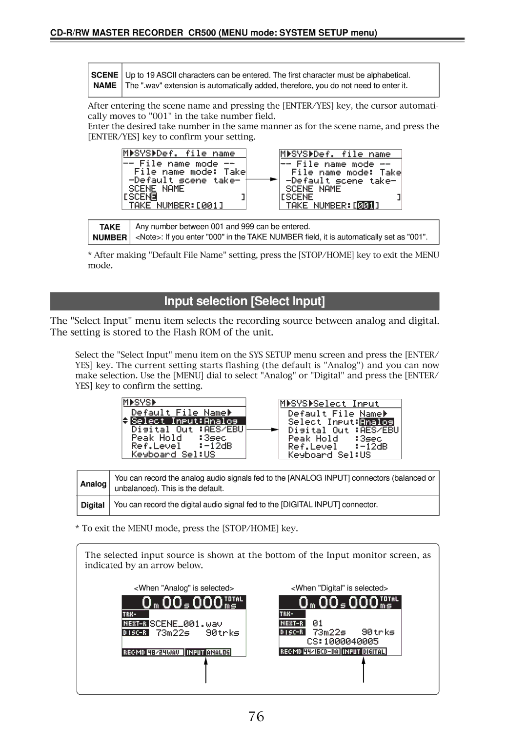 Fostex CR500 owner manual Input selection Select Input, Analog, Unbalanced. This is the default 