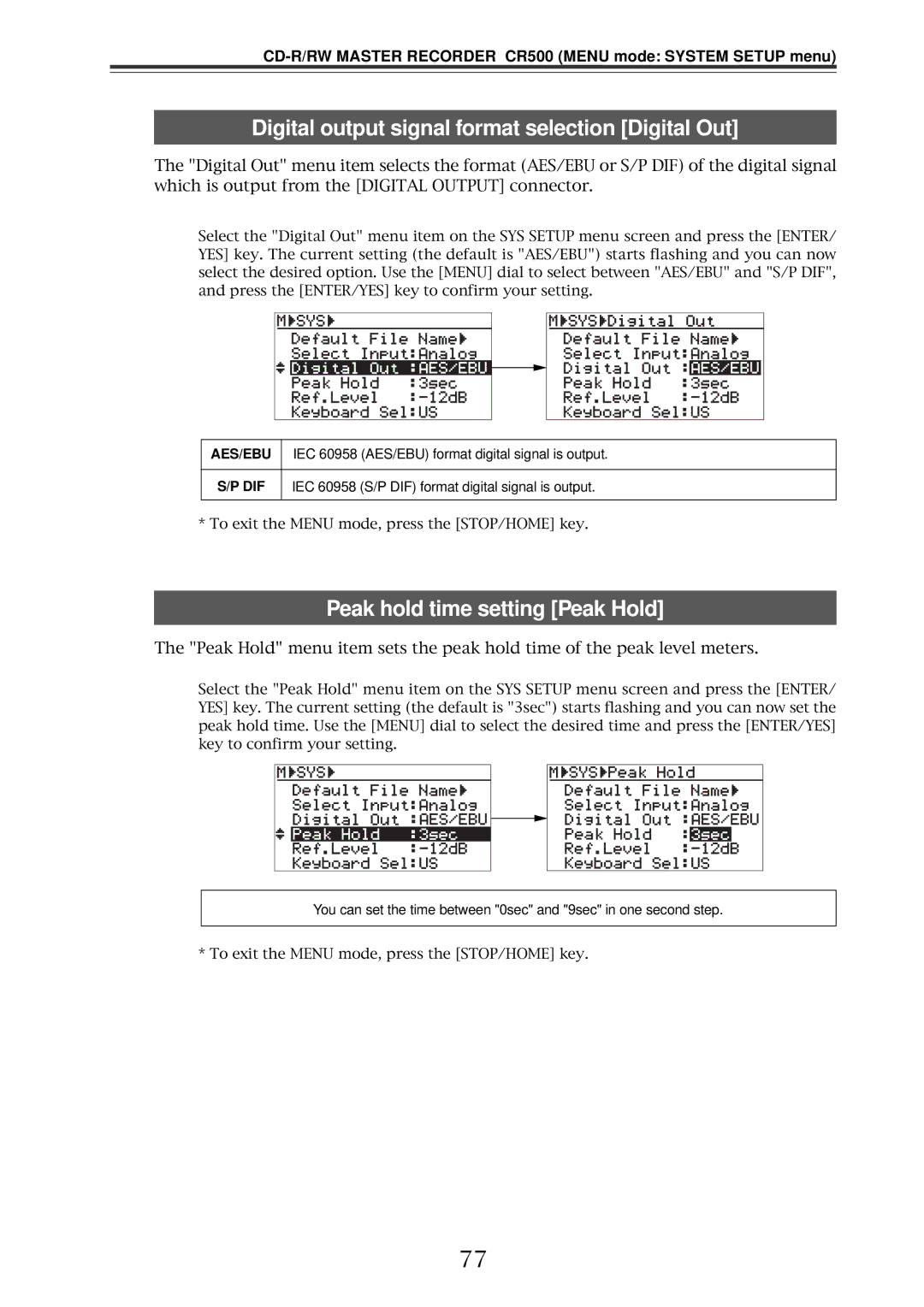 Fostex CR500 owner manual Digital output signal format selection Digital Out, Peak hold time setting Peak Hold 