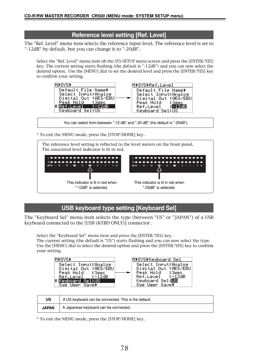 Fostex CR500 owner manual Reference level setting Ref. Level, USB keyboard type setting Keyboard Sel 