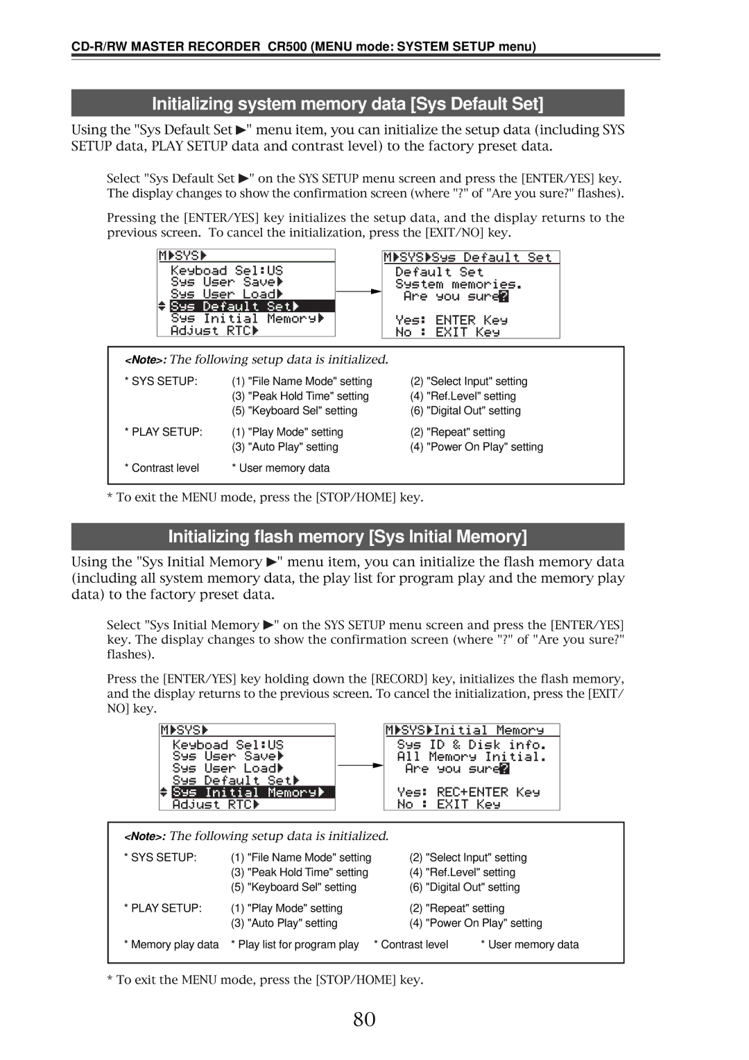 Fostex CR500 owner manual Initializing system memory data Sys Default Set, Initializing flash memory Sys Initial Memory 