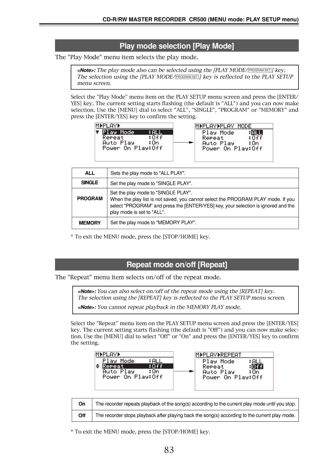 Fostex CR500 owner manual Play mode selection Play Mode, Repeat mode on/off Repeat, Off 