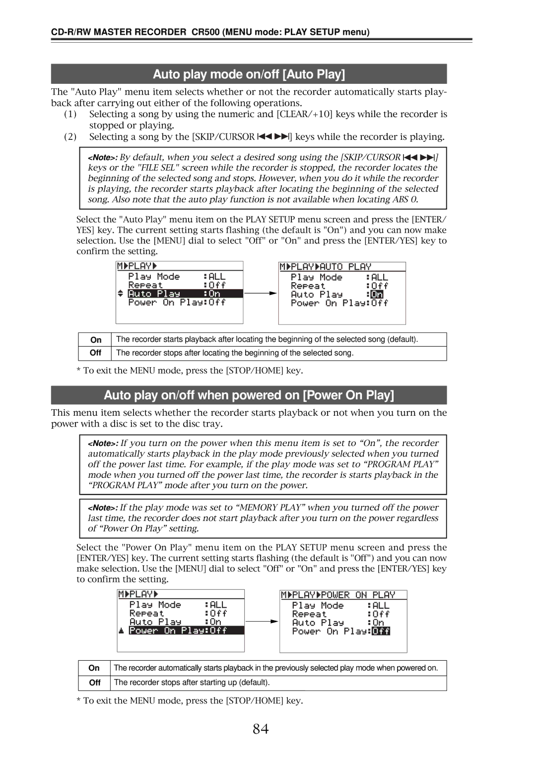 Fostex CR500 owner manual Auto play mode on/off Auto Play, Auto play on/off when powered on Power On Play 