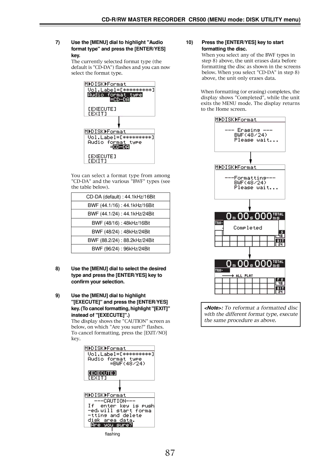 Fostex CR500 owner manual Press the ENTER/YES key to start formatting the disc 