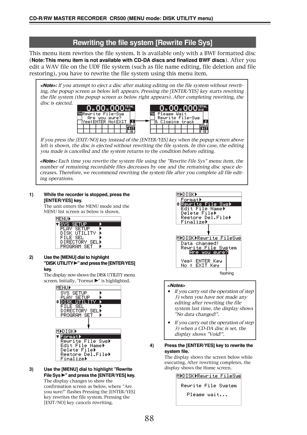 Fostex CR500 owner manual Rewriting the file system Rewrite File Sys, Press the ENTER/YES key to rewrite the system file 