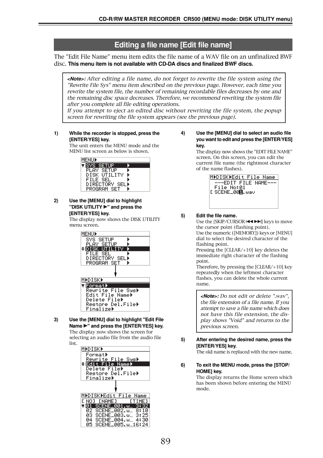 Fostex CR500 Editing a file name Edit file name, Edit the file name, To exit the Menu mode, press the STOP/ Home key 