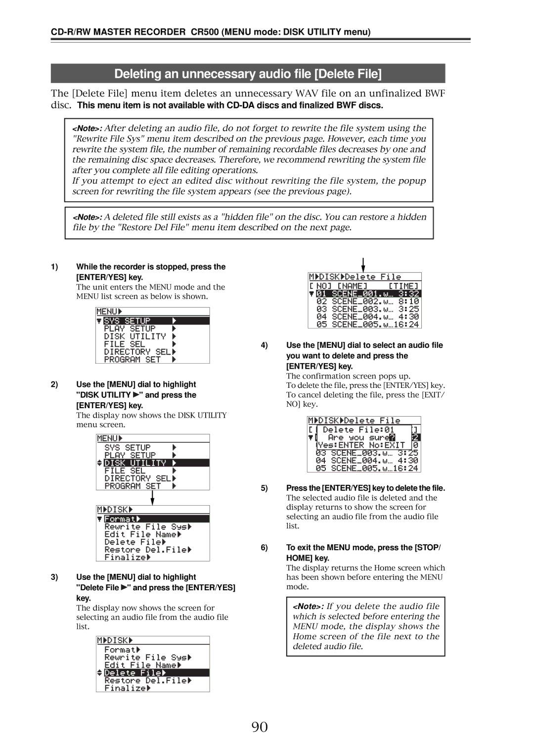 Fostex CR500 owner manual Deleting an unnecessary audio file Delete File, Press the ENTER/YES key to delete the file 