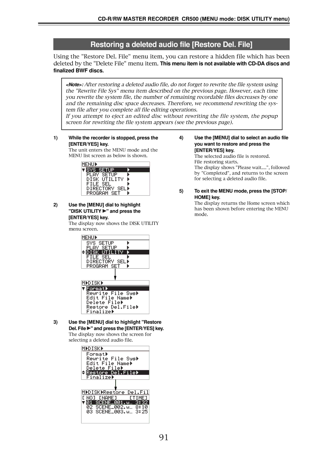 Fostex CR500 owner manual Restoring a deleted audio file Restore Del. File, Finalized BWF discs 