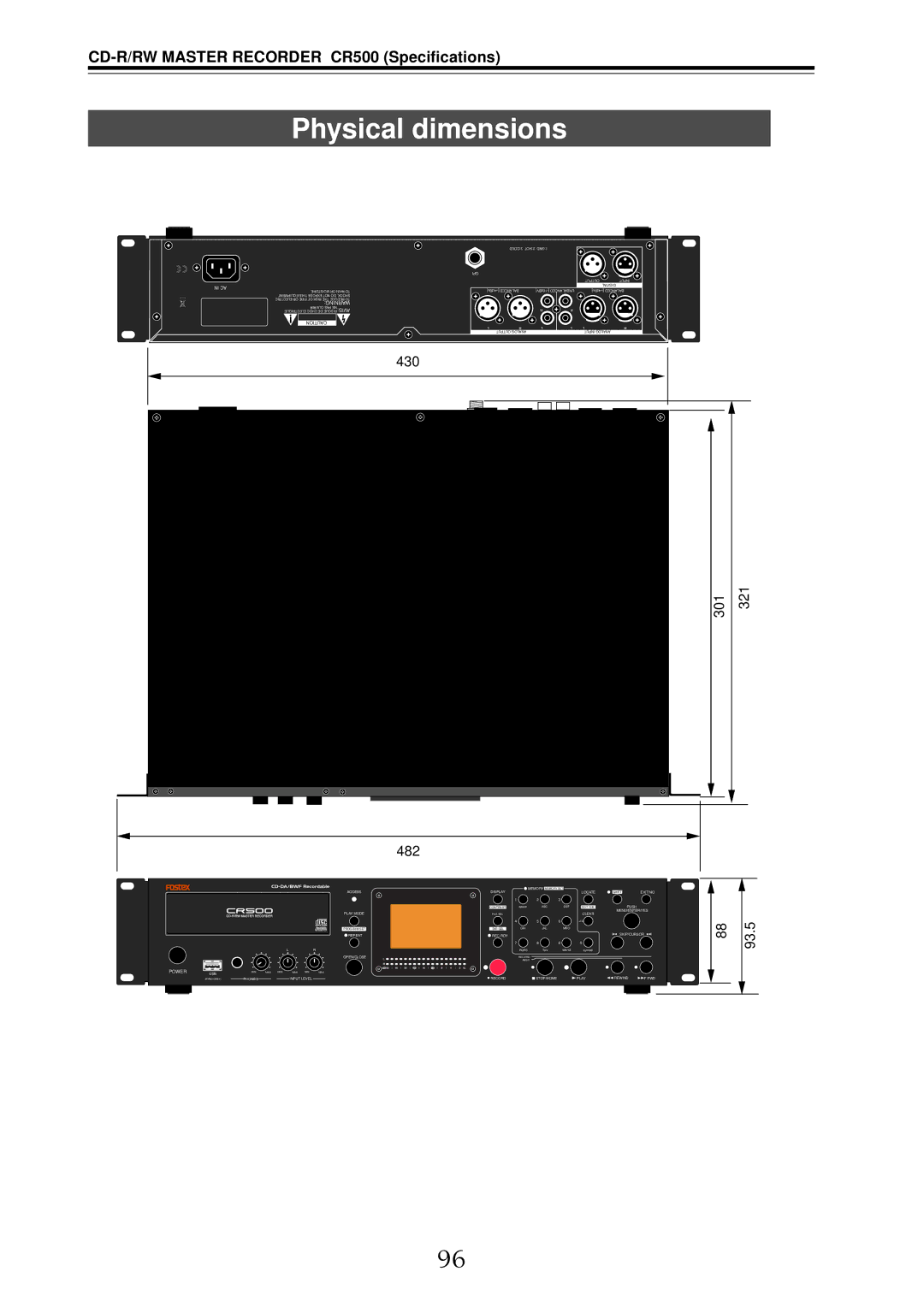 Fostex CR500 owner manual Physical dimensions, 482 