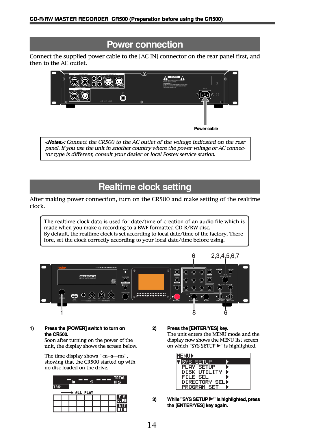 Fostex CR500 owner manual Power connection, Realtime clock setting, 2,3,4,5,6,7 