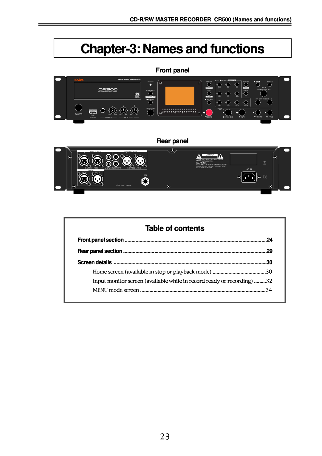 Fostex Front panel, Rear panel, CD-R/RWMASTER RECORDER CR500 Names and functions, Table of contents, Power, Acinin 