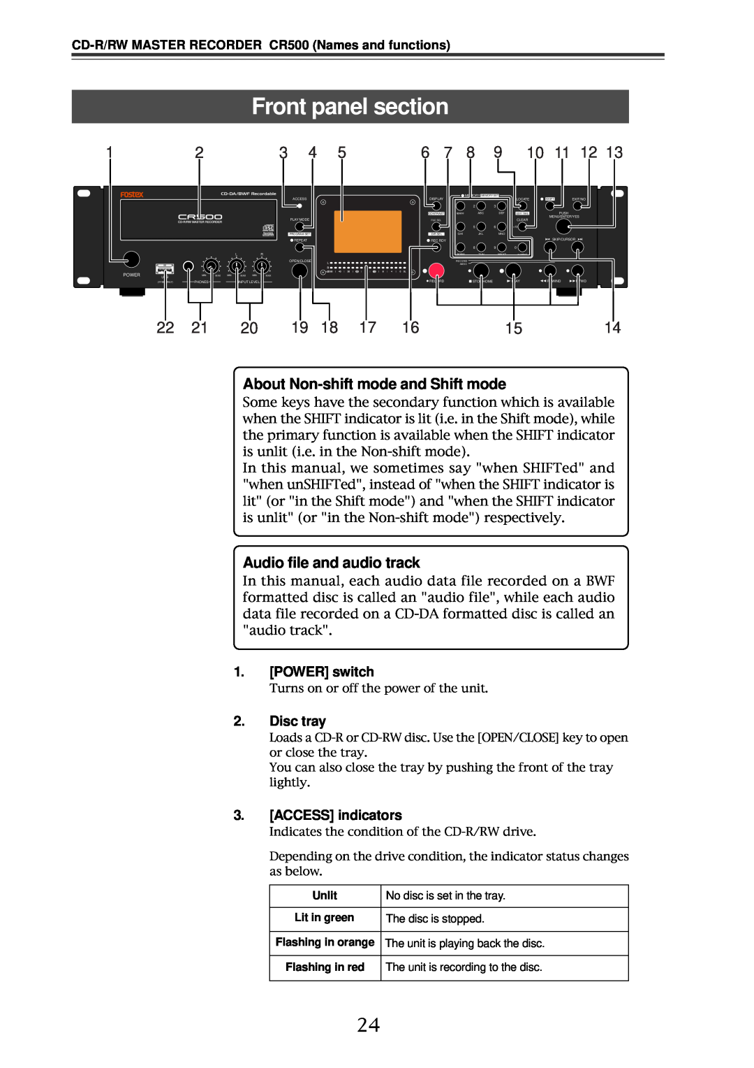 Fostex CR500 owner manual Front panel section, About Non-shiftmode and Shift mode, Audio file and audio track 