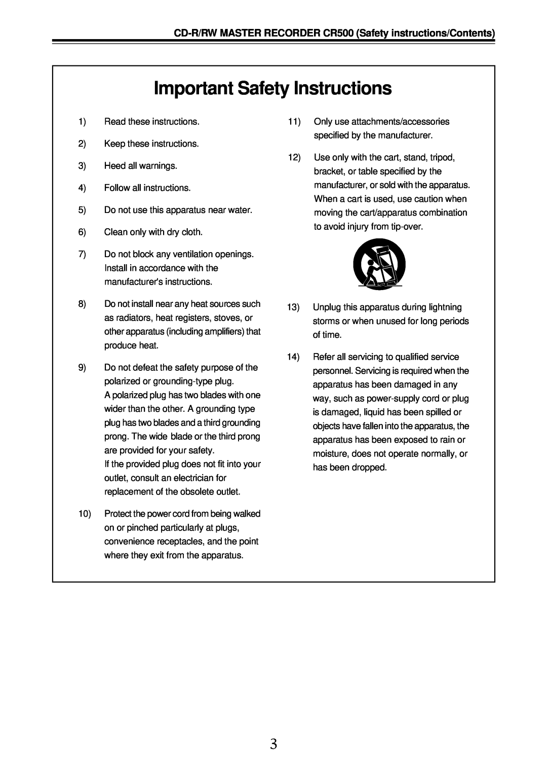 Fostex CR500 owner manual Important Safety Instructions 
