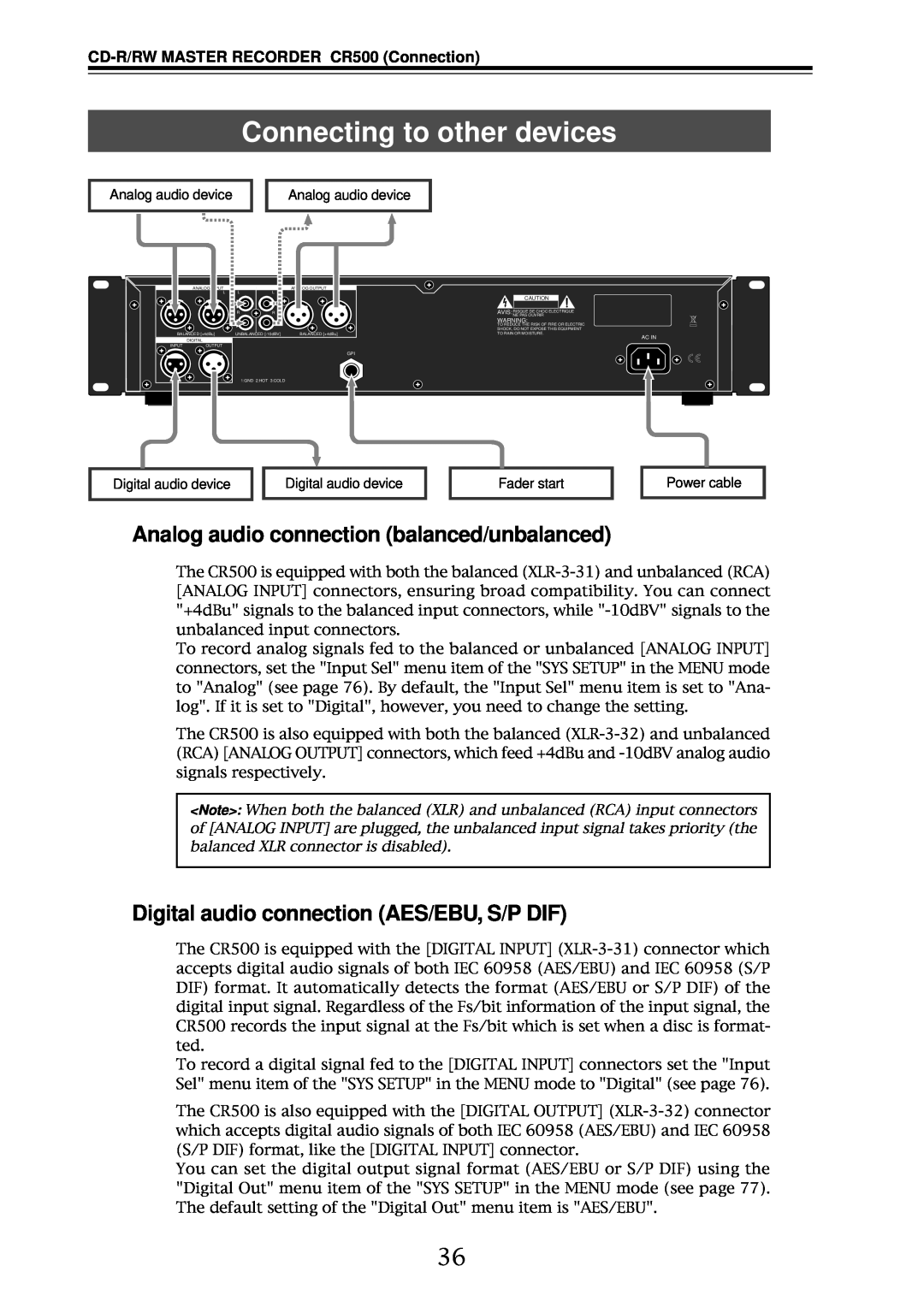 Fostex CR500 owner manual Connecting to other devices, Analog audio connection balanced/unbalanced 