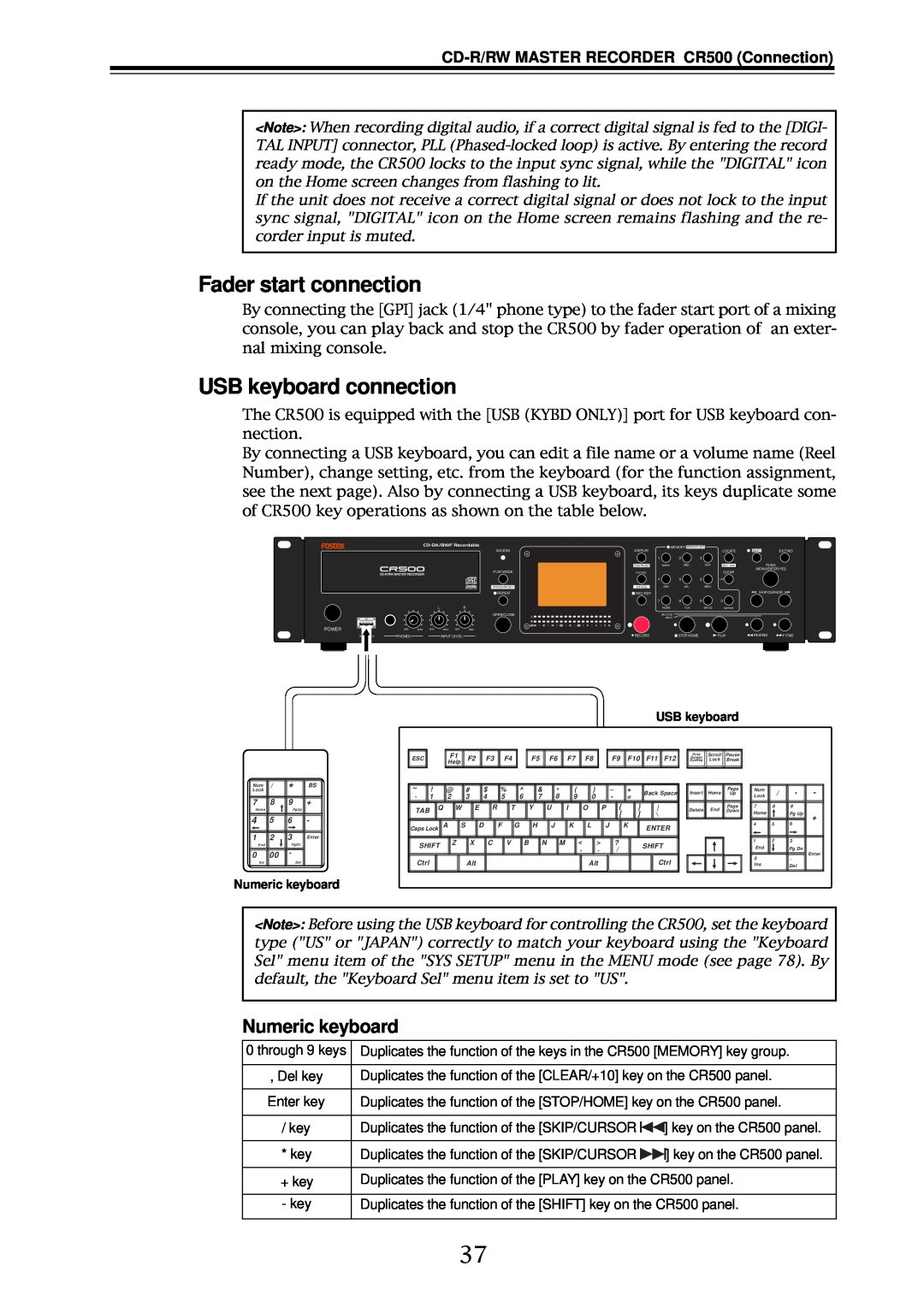 Fostex Fader start connection, USB keyboard connection, Numeric keyboard, CD-R/RWMASTER RECORDER CR500 Connection 