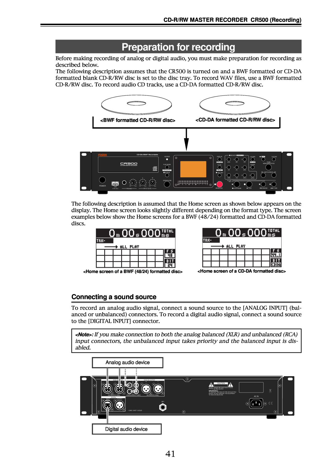 Fostex owner manual Preparation for recording, Connecting a sound source, CD-R/RWMASTER RECORDER CR500 Recording 
