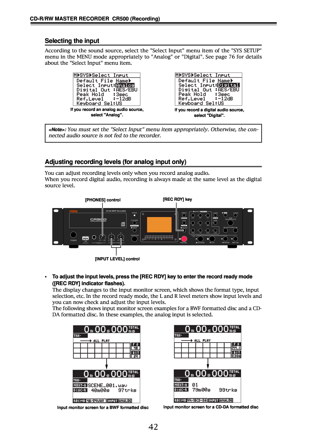 Fostex Selecting the input, Adjusting recording levels for analog input only, CD-R/RWMASTER RECORDER CR500 Recording 
