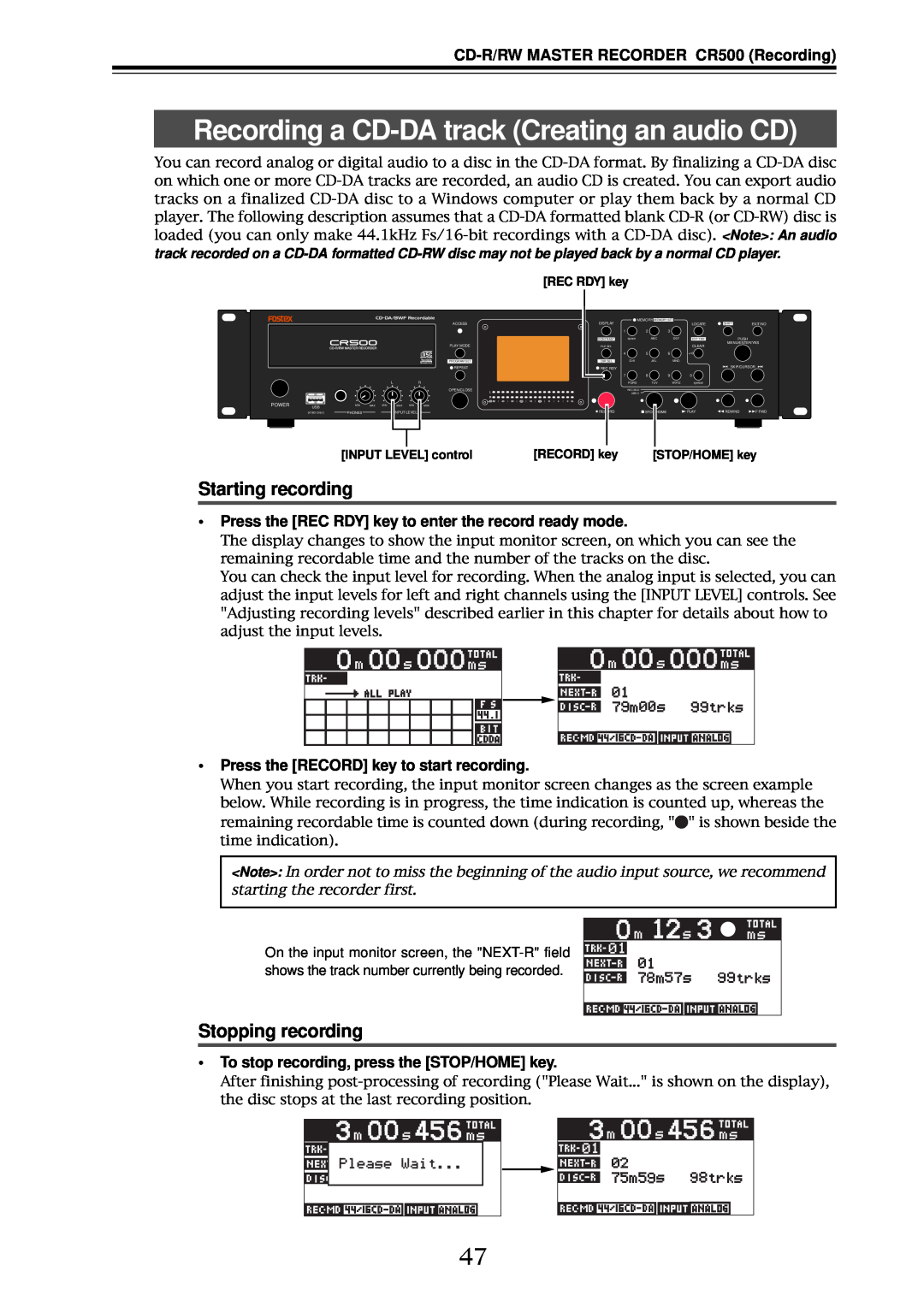 Fostex CR500 owner manual Recording a CD-DAtrack Creating an audio CD, Starting recording, Stopping recording 