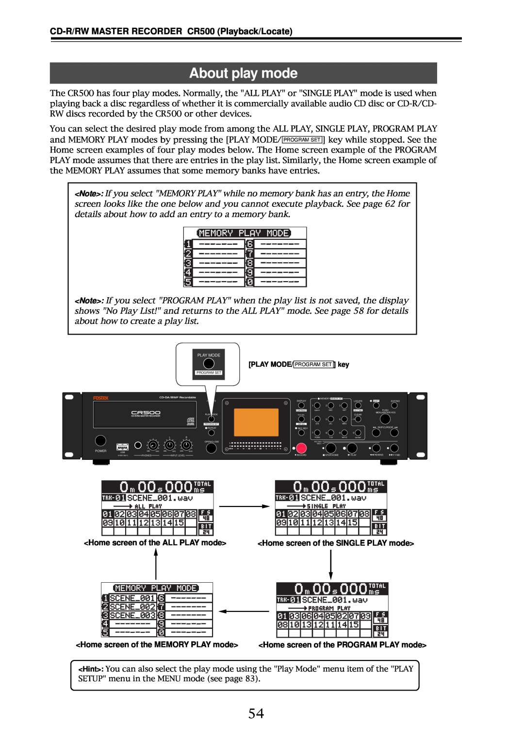 Fostex owner manual About play mode, CD-R/RWMASTER RECORDER CR500 Playback/Locate, Home screen of the ALL PLAY mode 