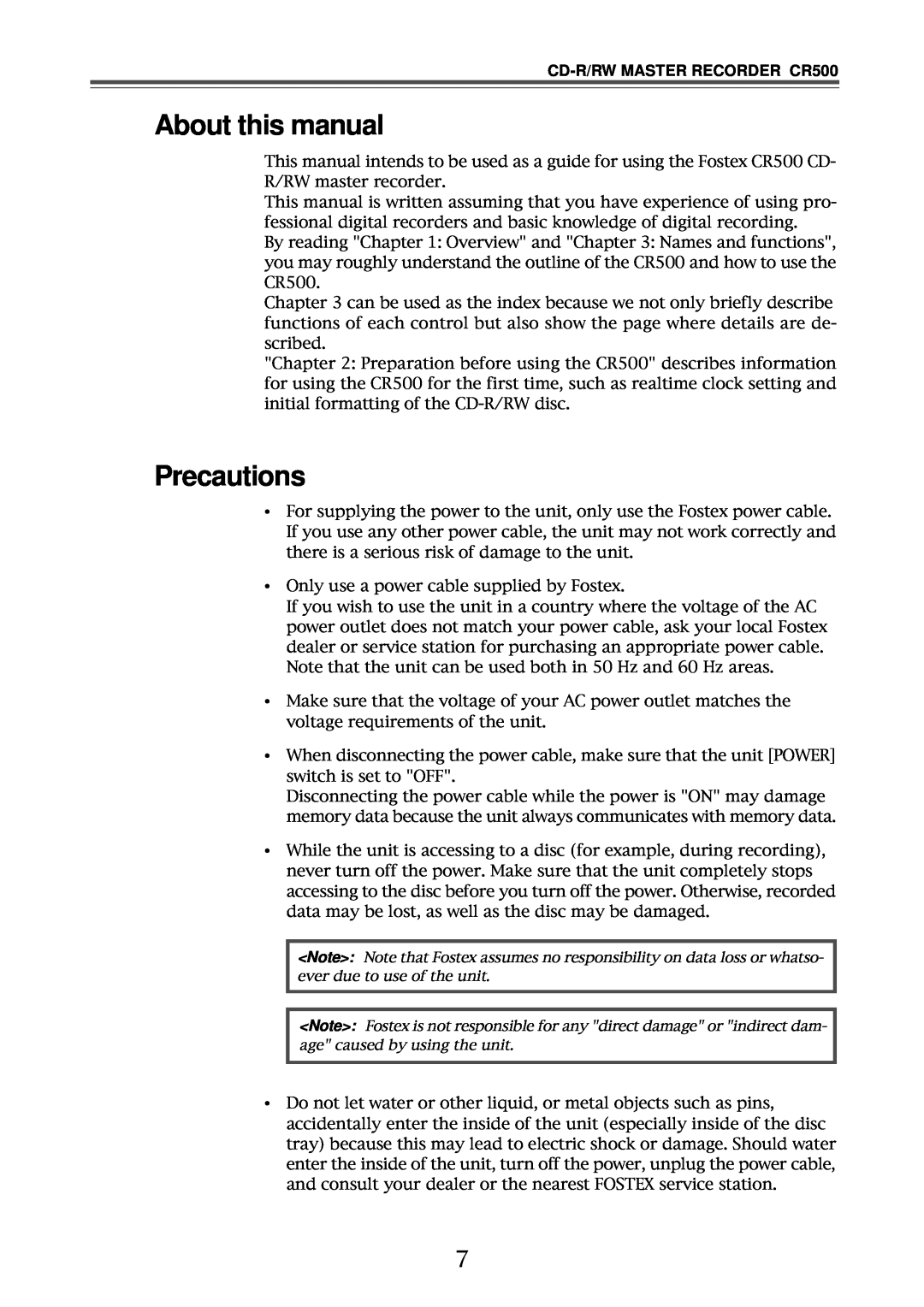 Fostex owner manual About this manual, Precautions, CD-R/RWMASTER RECORDER CR500 