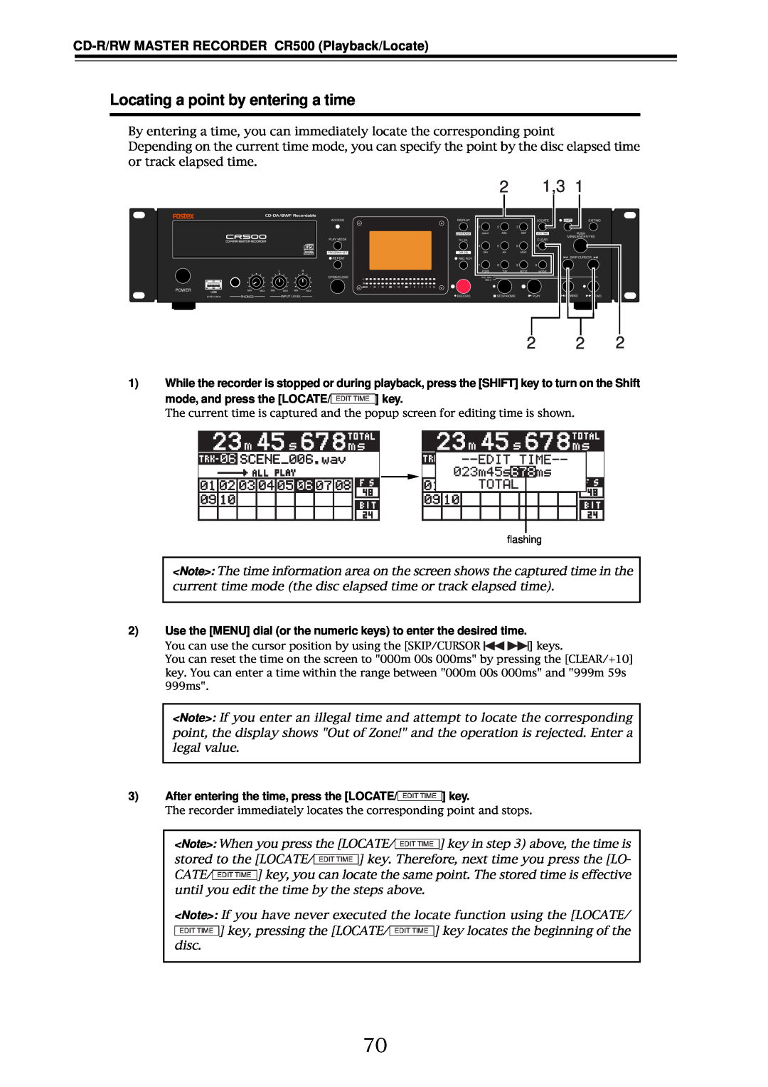 Fostex owner manual Locating a point by entering a time, CD-R/RWMASTER RECORDER CR500 Playback/Locate 