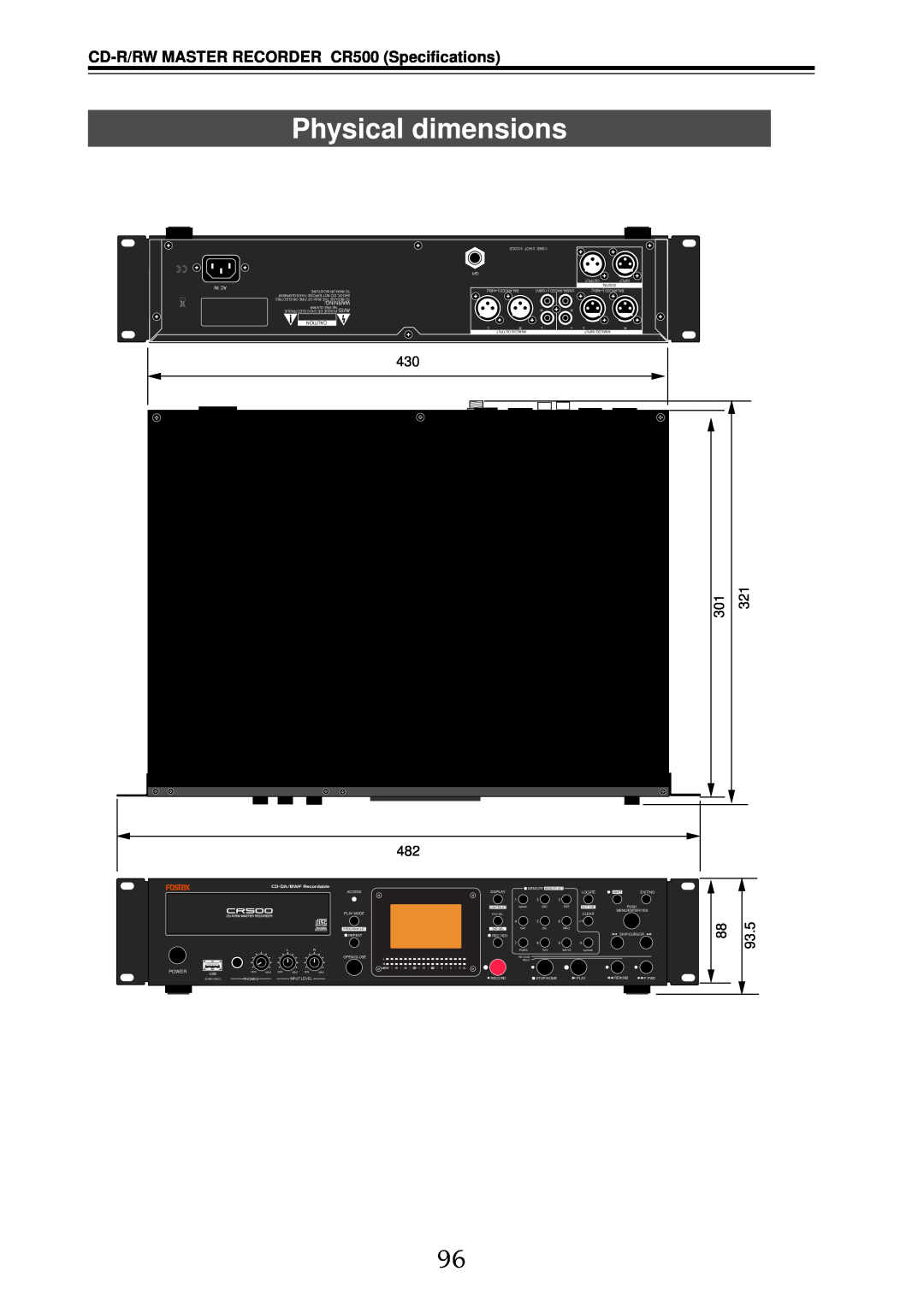 Fostex owner manual Physical dimensions, CD-R/RWMASTER RECORDER CR500 Specifications, In Ac, Power 