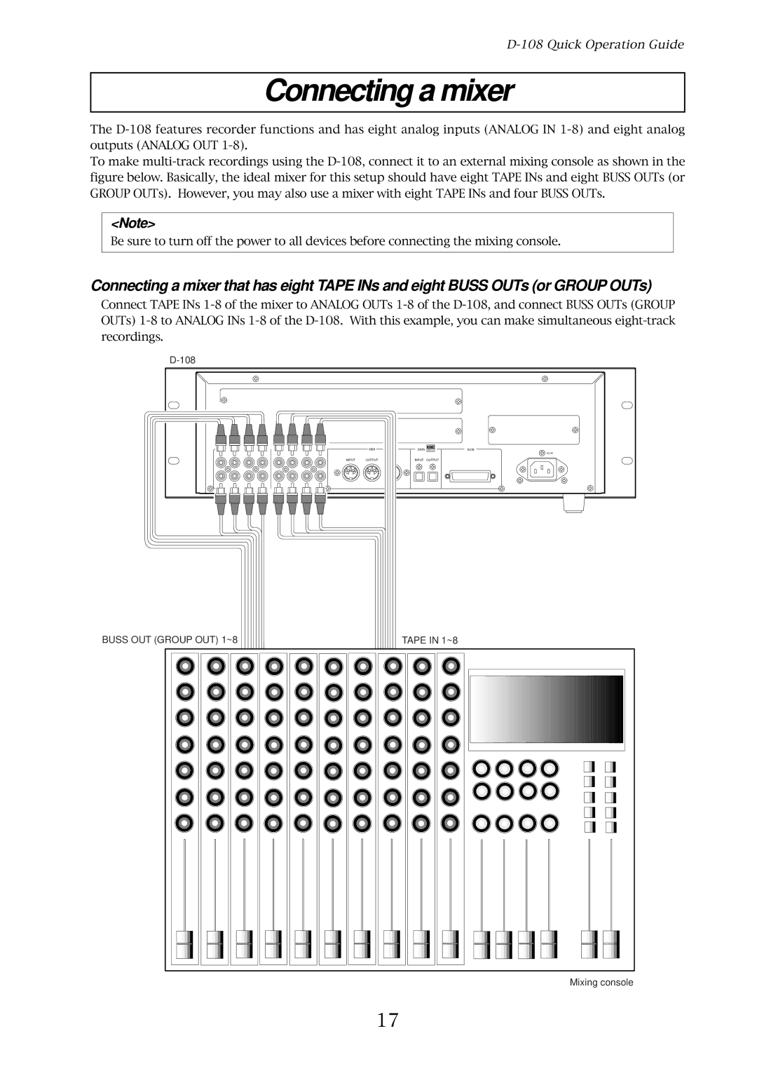 Fostex D-108 owner manual Connecting a mixer 