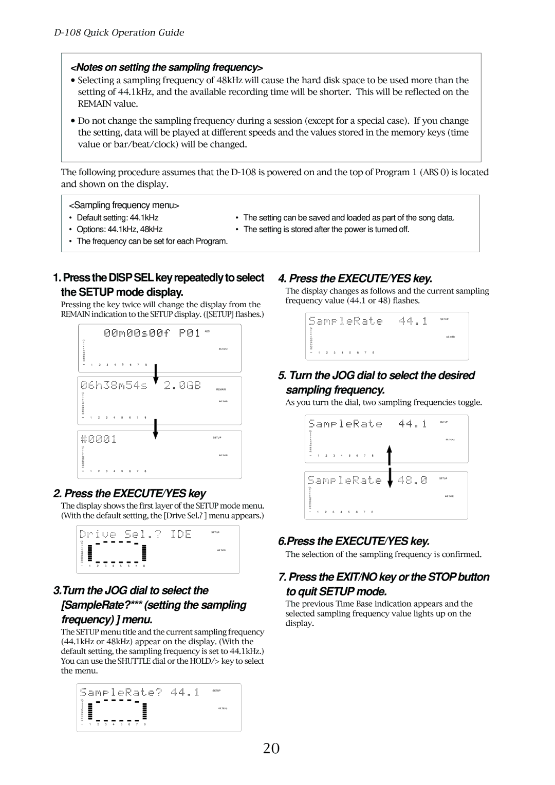 Fostex D-108 owner manual Turn the JOG dial to select the desired sampling frequency 