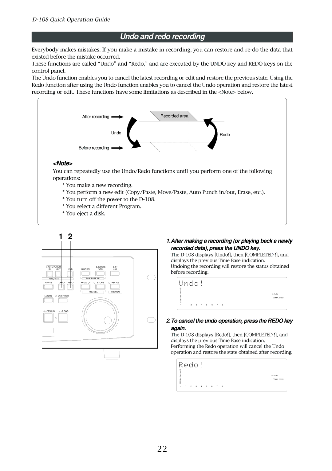 Fostex D-108 owner manual Undo and redo recording, To cancel the undo operation, press the Redo key again 