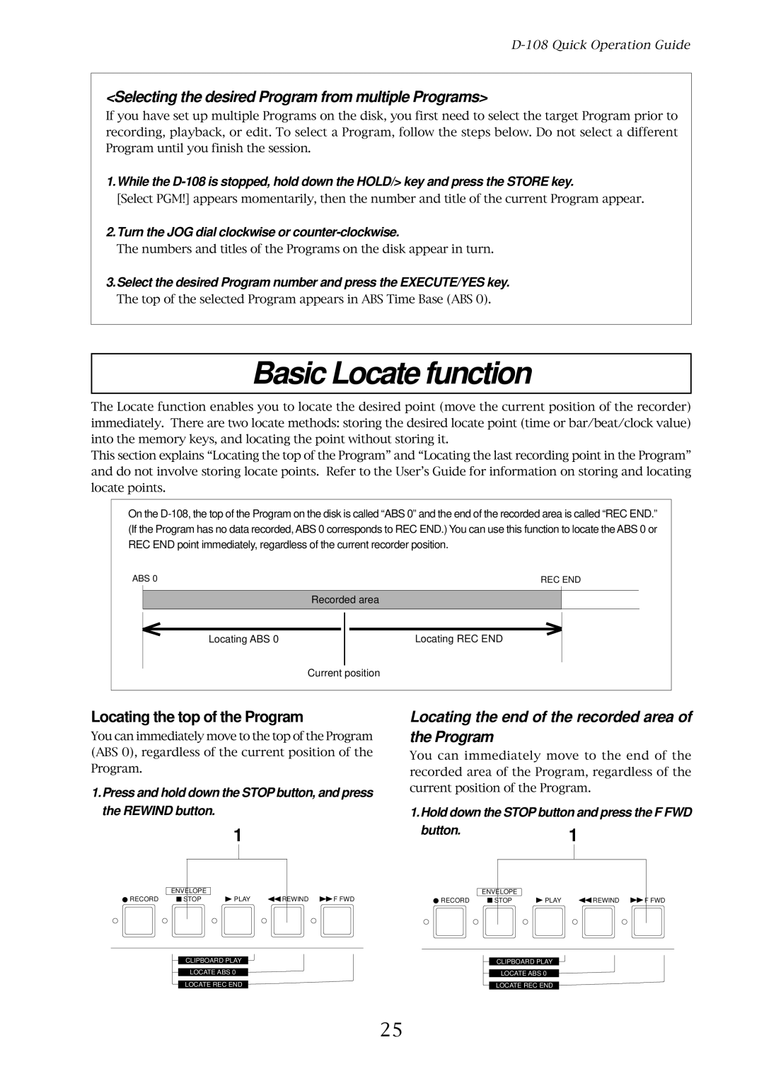 Fostex D-108 owner manual Basic Locate function, Selecting the desired Program from multiple Programs 