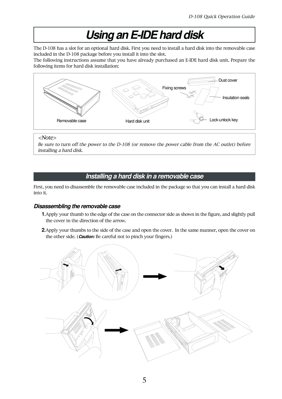 Fostex D-108 Using an E-IDE hard disk, Installing a hard disk in a removable case, Disassembling the removable case 