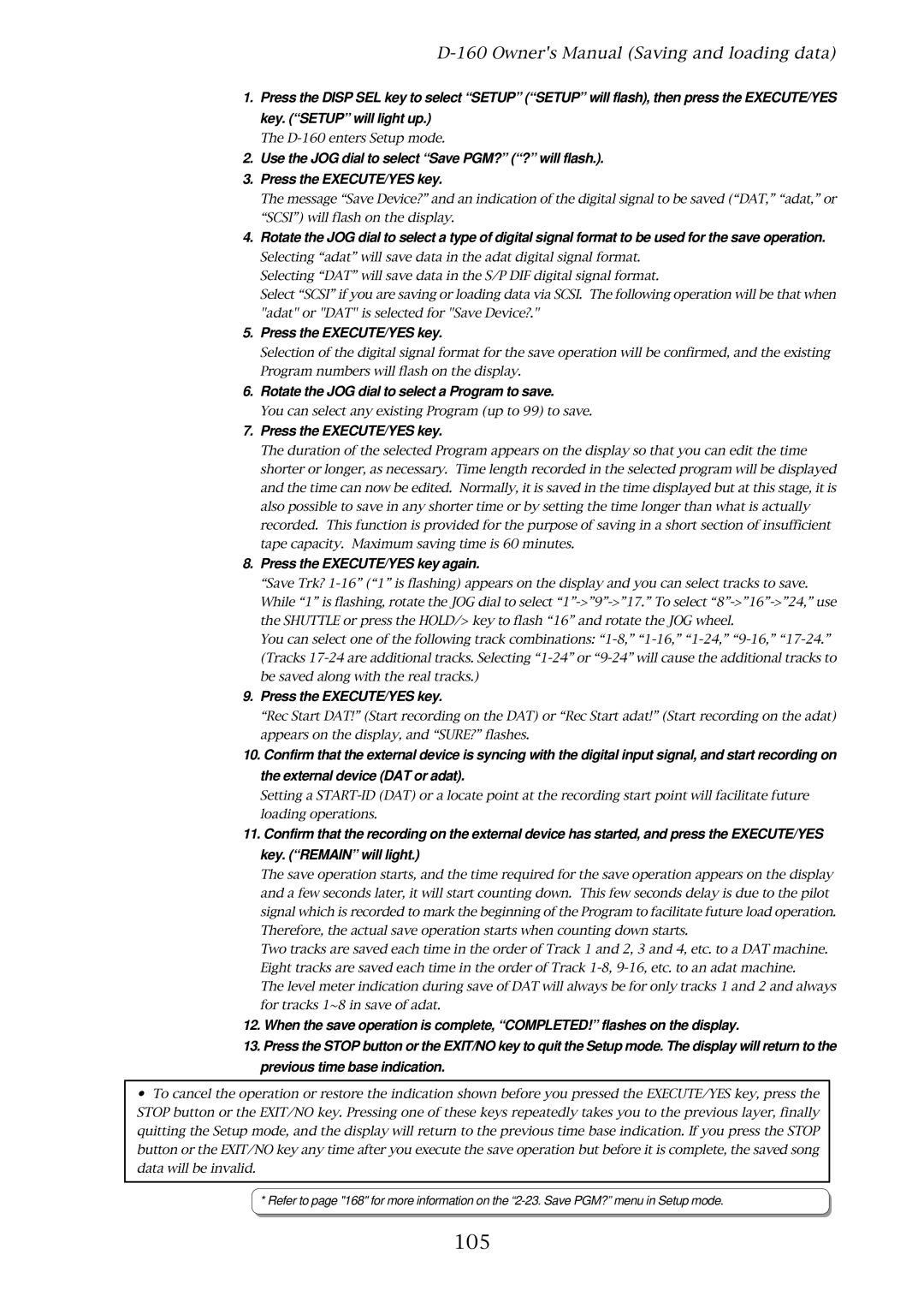 Fostex D-160 owner manual 105, Rotate the JOG dial to select a Program to save 