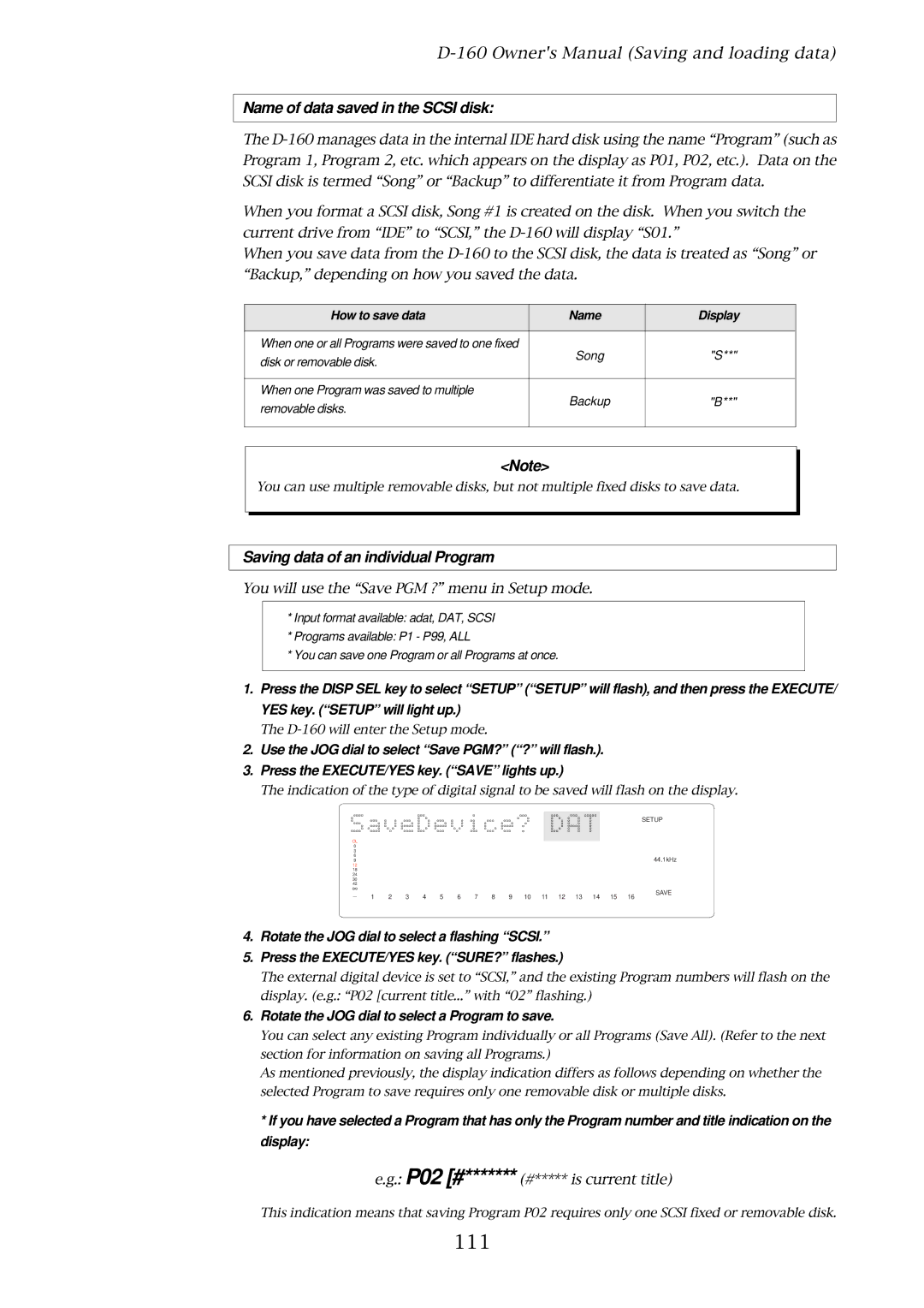 Fostex D-160 owner manual 111, Name of data saved in the Scsi disk, Saving data of an individual Program 