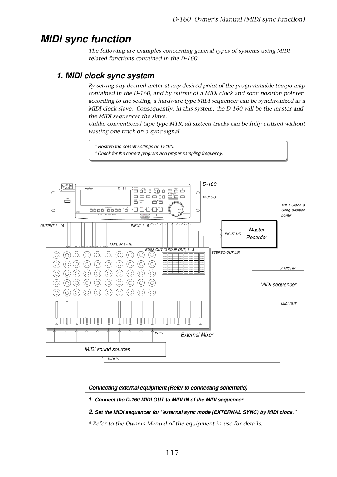 Fostex D-160 Midi sync function, Midi clock sync system, 117, Connecting external equipment Refer to connecting schematic 