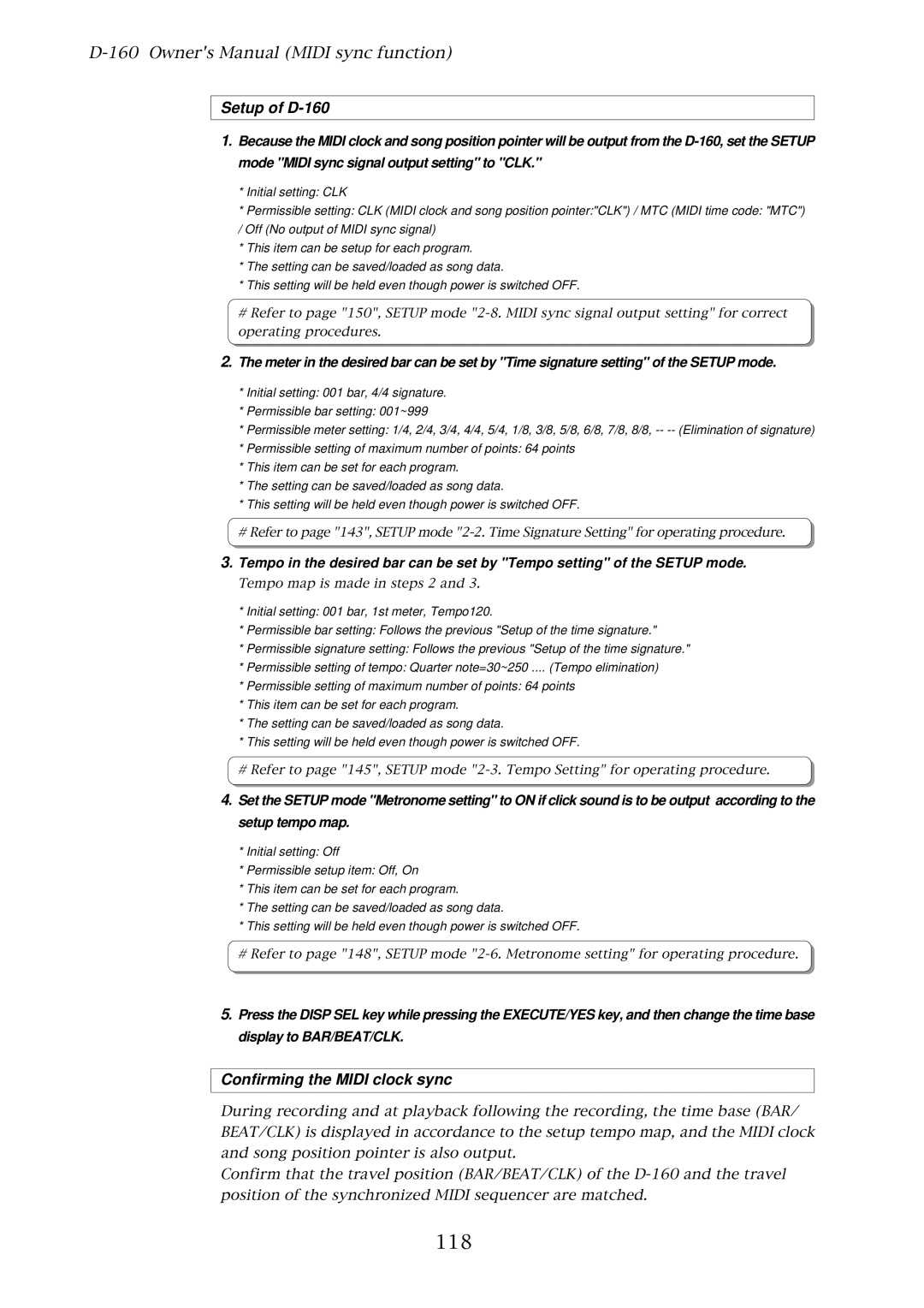 Fostex owner manual 118, Setup of D-160, Confirming the Midi clock sync 