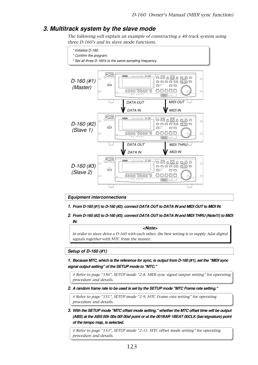 Fostex owner manual Multitrack system by the slave mode, 123, Equipment interconnections, Setup of D-160 #1 