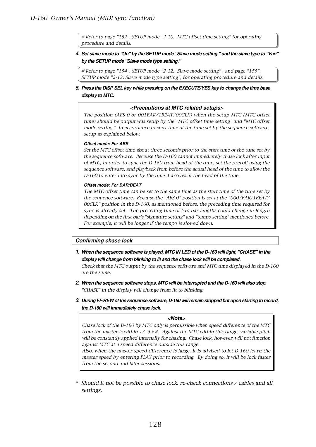 Fostex D-160 owner manual 128, Precautions at MTC related setups, Confirming chase lock 