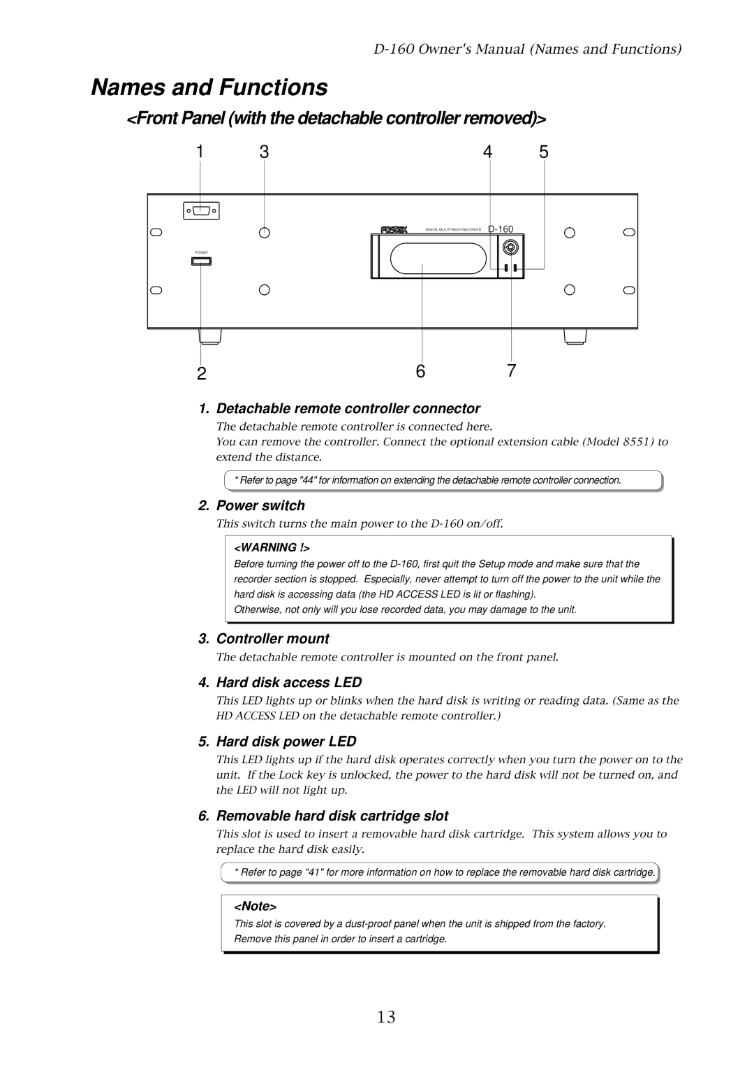 Fostex D-160 owner manual Names and Functions, Front Panel with the detachable controller removed 