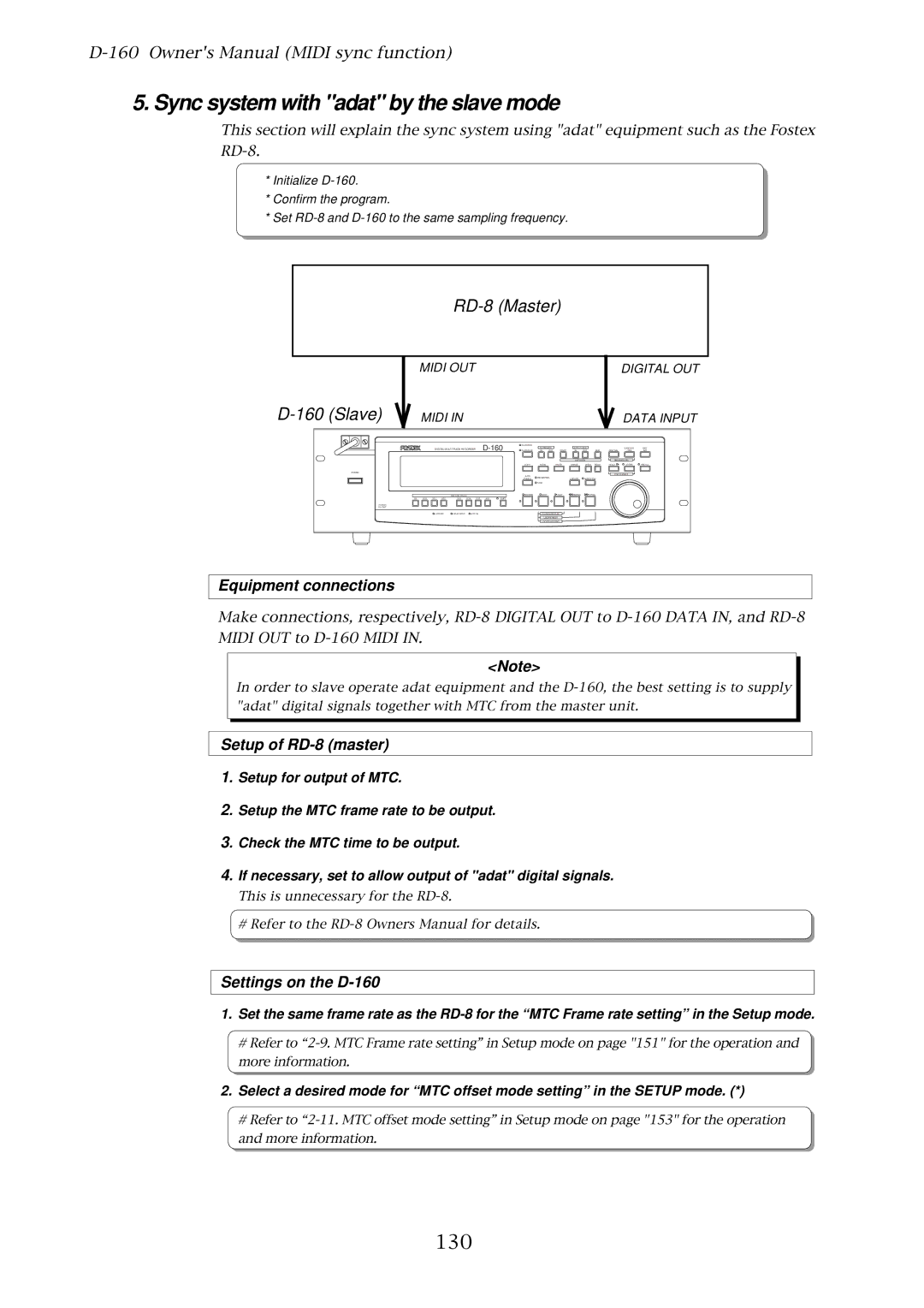 Fostex D-160 owner manual Sync system with adat by the slave mode, 130, Equipment connections, Setup of RD-8 master 