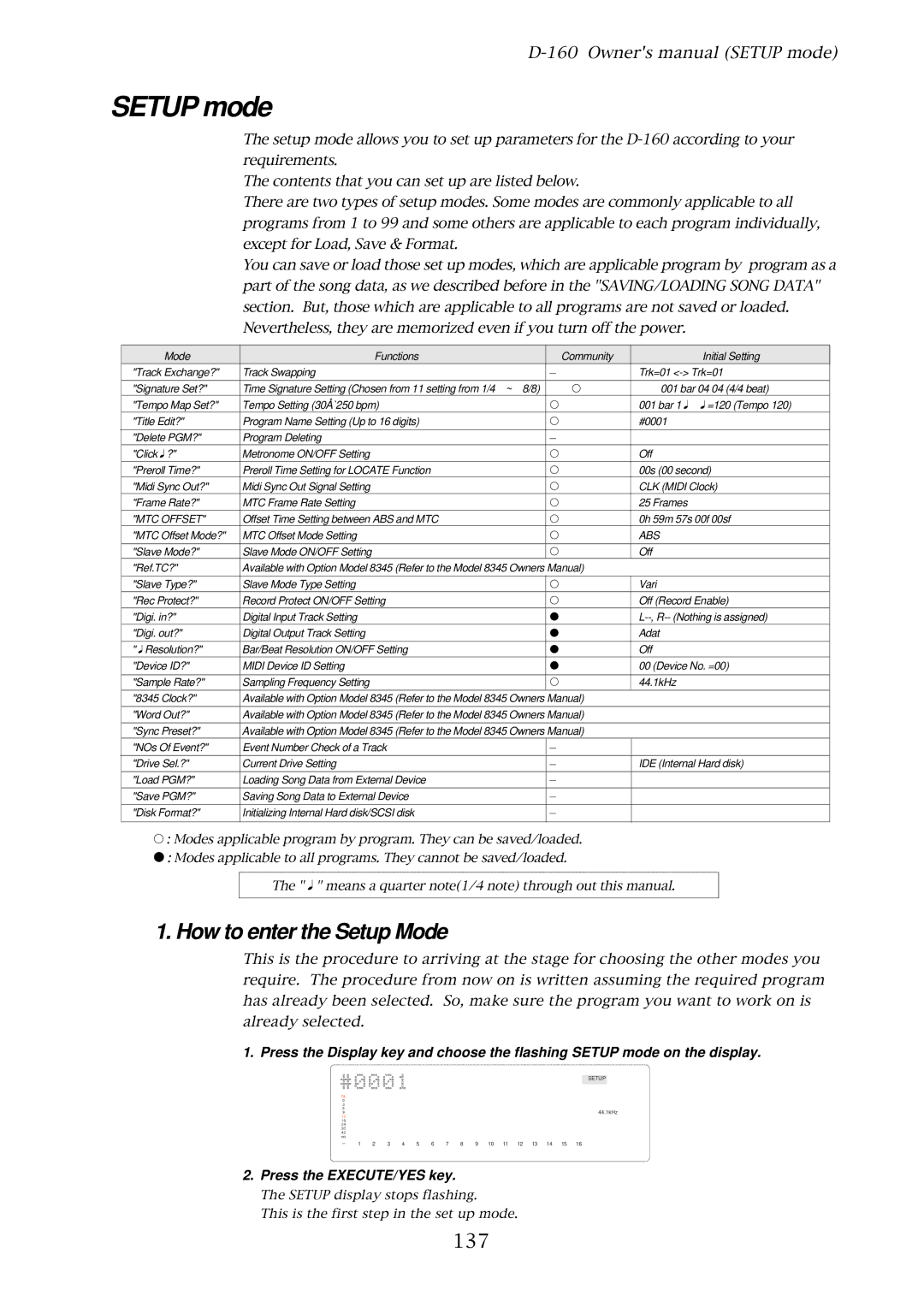 Fostex D-160 owner manual Setup mode, How to enter the Setup Mode, 137 