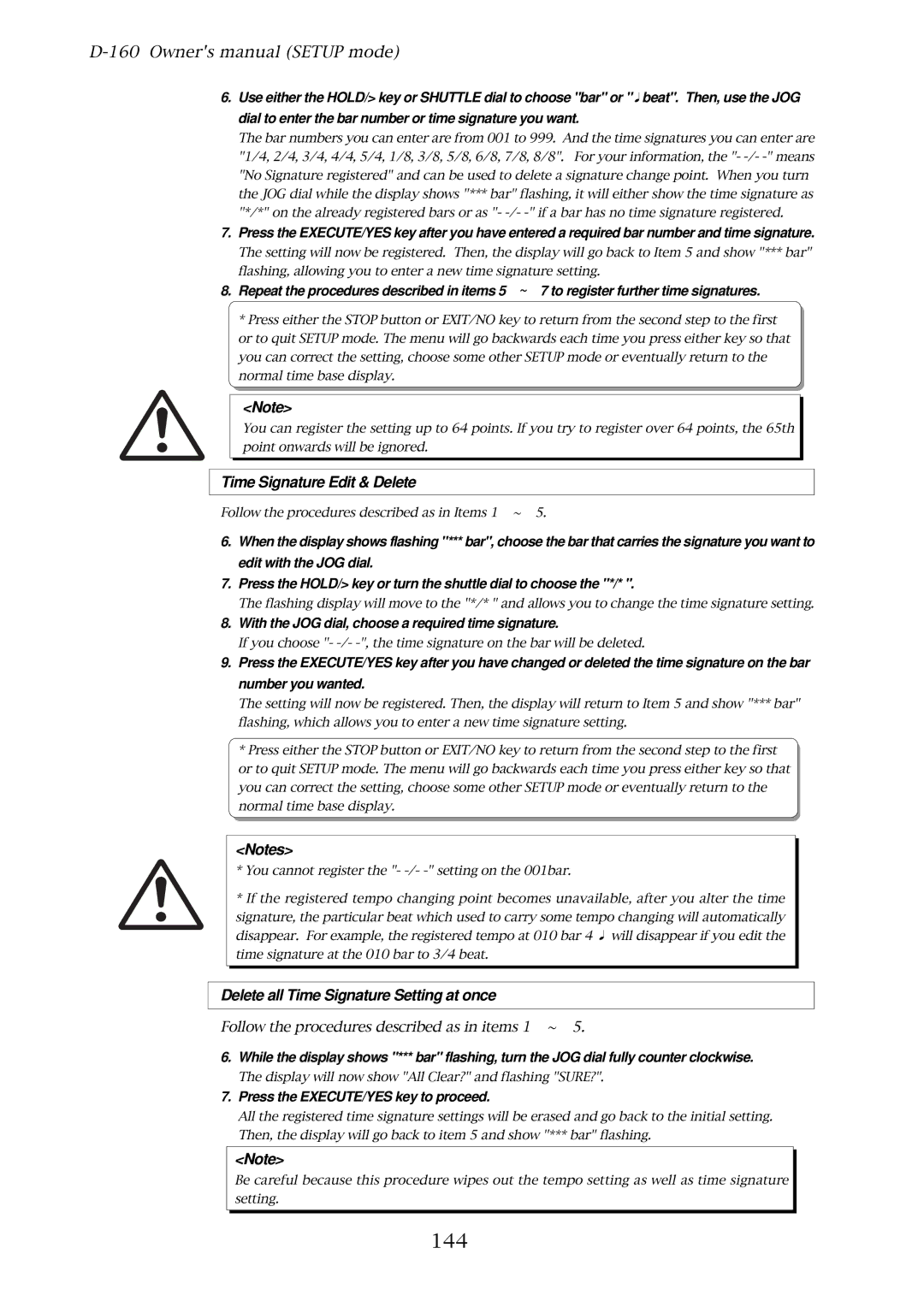 Fostex D-160 owner manual 144, Time Signature Edit & Delete, Delete all Time Signature Setting at once 